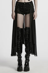 Black Women's Punk Studded Distressed Shorts with Detachable Kilt